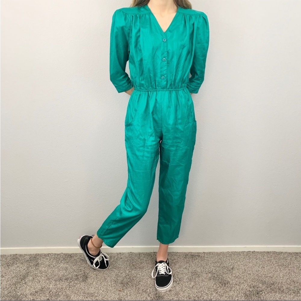 Vintage Carol Anderson Cropped Teal Barbie Style Jump Suit with Pockets